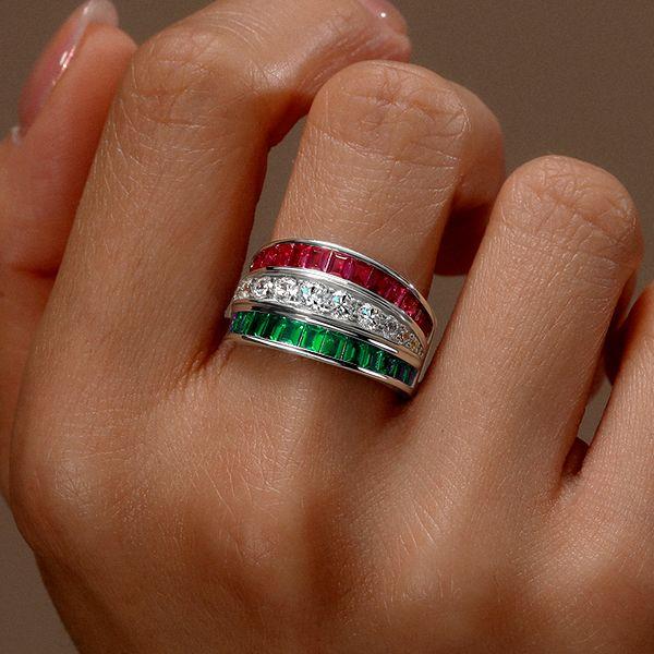 Emerald Green & Ruby Sterling Silver Triple Row Wedding Band Ring