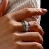 Emerald Green & Ruby Sterling Silver Triple Row Wedding Band Ring