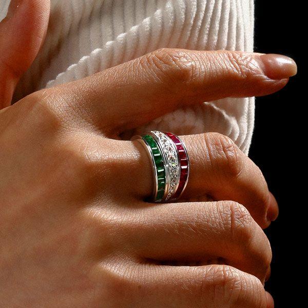 Emerald Green & Ruby Sterling Silver Triple Row Wedding Band Ring
