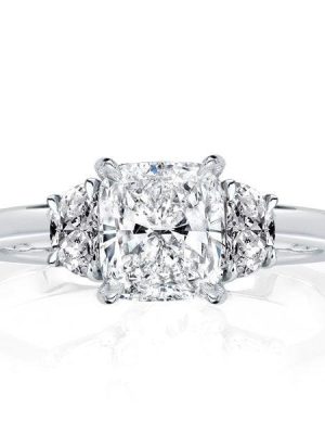 Three Stone Cushion Cut Engagement Ring in Rhodium-Plated Sterling Silver