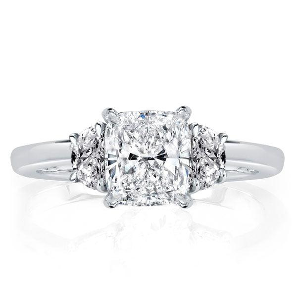 Three Stone Cushion Cut Engagement Ring in Rhodium-Plated Sterling Silver
