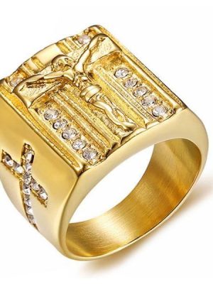 Golden Jesus Stainless Steel Wedding Band - Yellow Gold Plated Religious Ring for Men