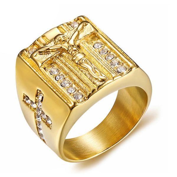 Golden Jesus Stainless Steel Wedding Band - Yellow Gold Plated Religious Ring for Men