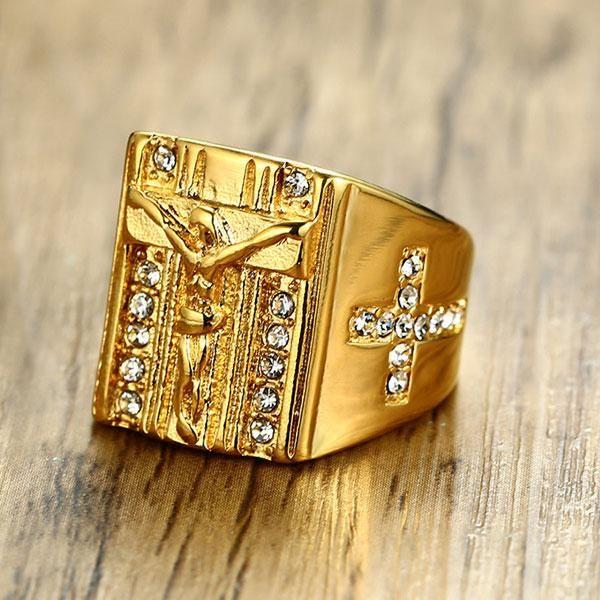 Golden Jesus Stainless Steel Wedding Band - Yellow Gold Plated Religious Ring for Men