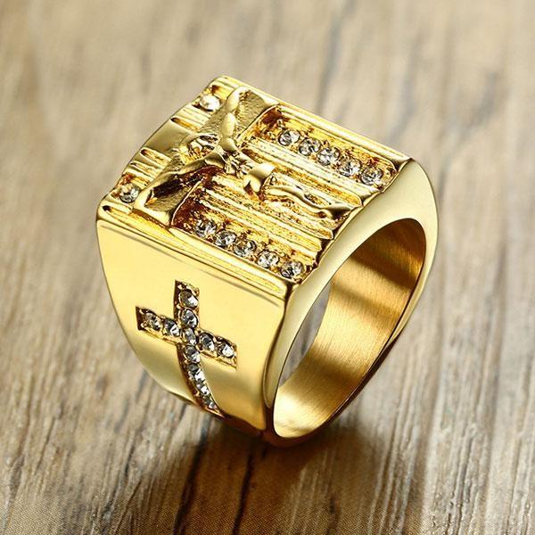 Golden Jesus Stainless Steel Wedding Band - Yellow Gold Plated Religious Ring for Men