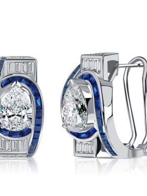 Art Deco Pear Shaped Sterling Silver Hoop Earrings for Women with Rhodium Finish