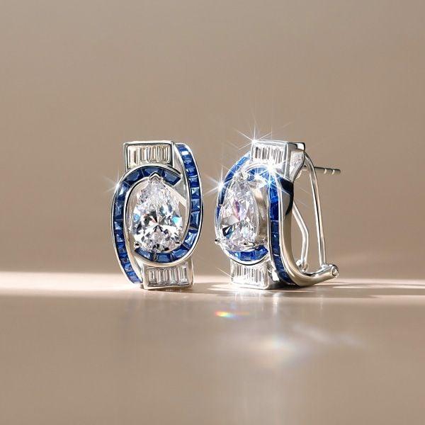 Art Deco Pear Shaped Sterling Silver Hoop Earrings for Women with Rhodium Finish