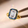 Emerald Cut Halo Solitaire Engagement Ring in 18K Gold Plated Sterling Silver