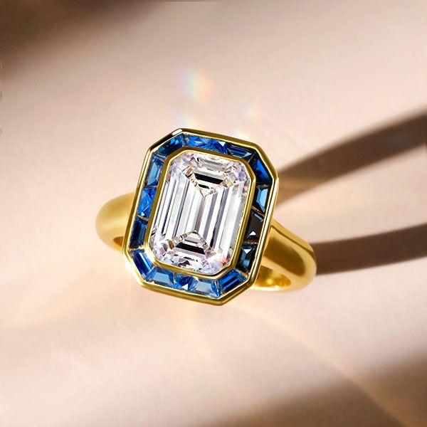 Emerald Cut Halo Solitaire Engagement Ring in 18K Gold Plated Sterling Silver