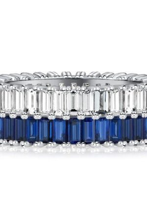 Baguette Cut Blue and White Sapphire Multi Row Wedding Band in Sterling Silver