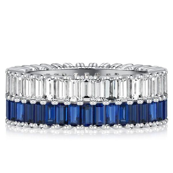 Baguette Cut Blue and White Sapphire Multi Row Wedding Band in Sterling Silver