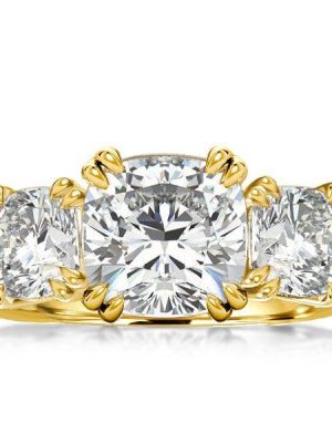 Cushion Cut Three Stone Engagement Ring in 18K Gold Plated Sterling Silver