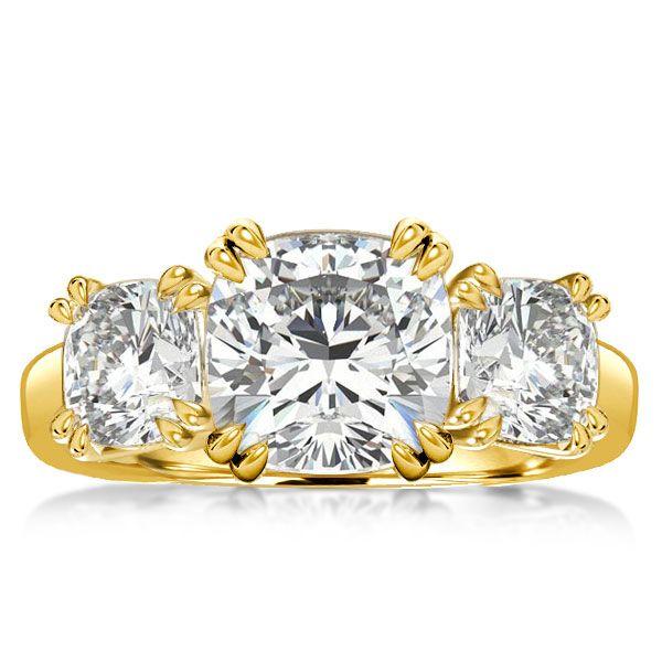 Cushion Cut Three Stone Engagement Ring in 18K Gold Plated Sterling Silver