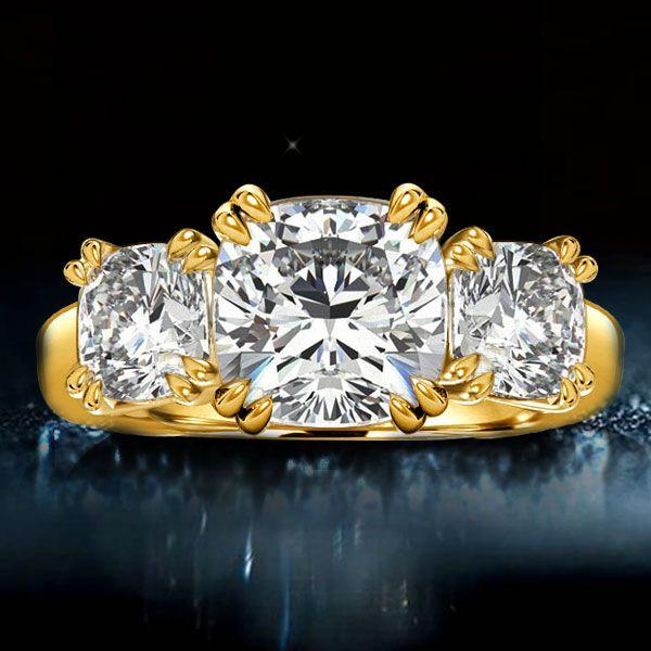 Cushion Cut Three Stone Engagement Ring in 18K Gold Plated Sterling Silver