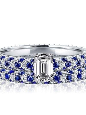 Emerald Cut Pave Setting Bridal Ring Set in Sterling Silver