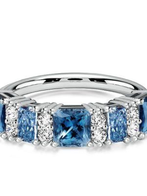 Blue Topaz Princess Cut Sterling Silver Wedding Band Stacking Ring