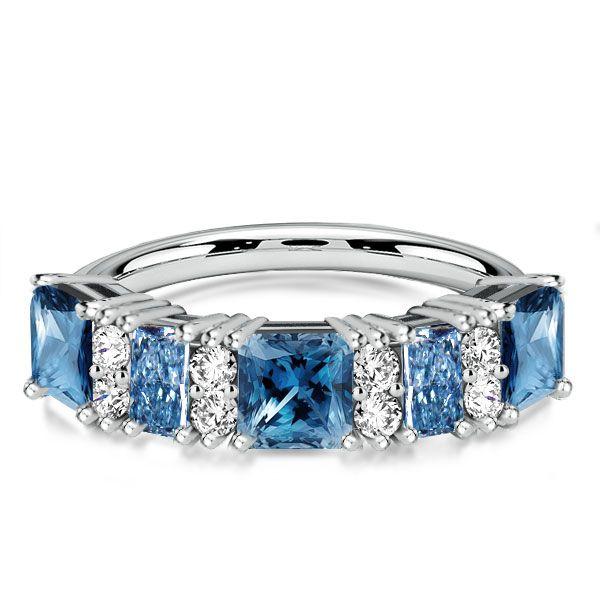 Blue Topaz Princess Cut Sterling Silver Wedding Band Stacking Ring