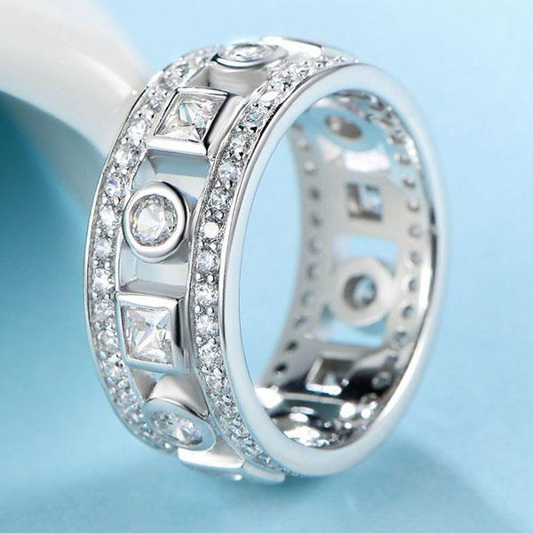 Art Deco White Sapphire Wedding Band - 925 Sterling Silver Engagement Ring