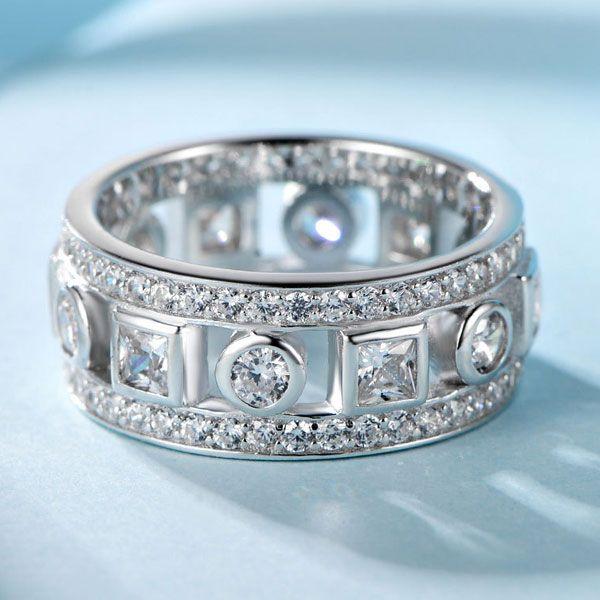 Art Deco White Sapphire Wedding Band - 925 Sterling Silver Engagement Ring