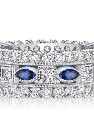 Sterling Silver Milgrain Bezel Blue Eternity Band with Marquise and Round Cut Stones