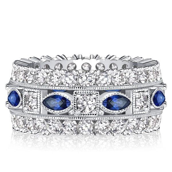 Sterling Silver Milgrain Bezel Blue Eternity Band with Marquise and Round Cut Stones