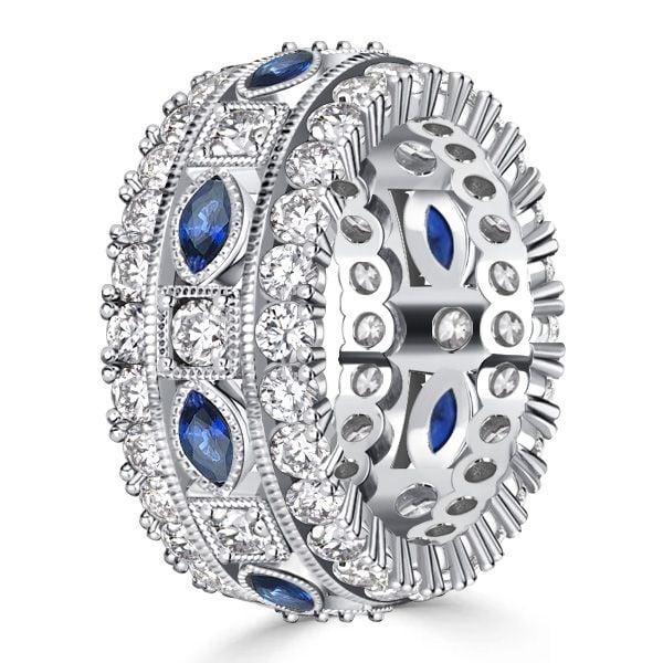Sterling Silver Milgrain Bezel Blue Eternity Band with Marquise and Round Cut Stones