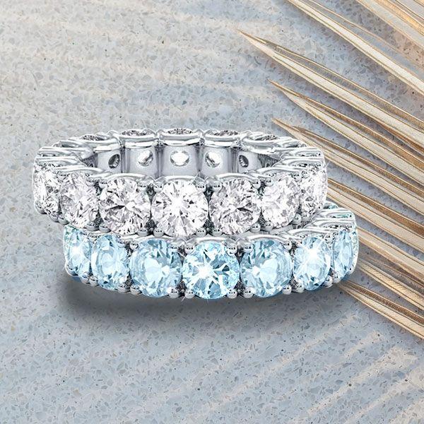 Eternity Aquamarine Wedding Band - Round Cut 925 Sterling Silver
