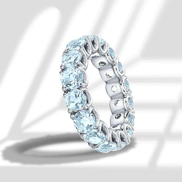 Eternity Aquamarine Wedding Band - Round Cut 925 Sterling Silver