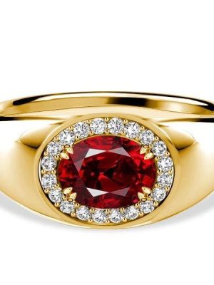 Oval Cut Ruby Halo Cocktail Ring, 1.43 CTW, 18K Gold Plated Sterling Silver