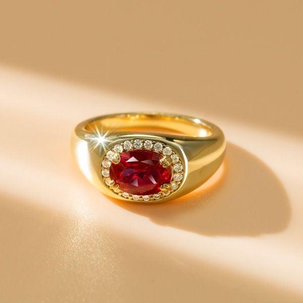 Oval Cut Ruby Halo Cocktail Ring, 1.43 CTW, 18K Gold Plated Sterling Silver