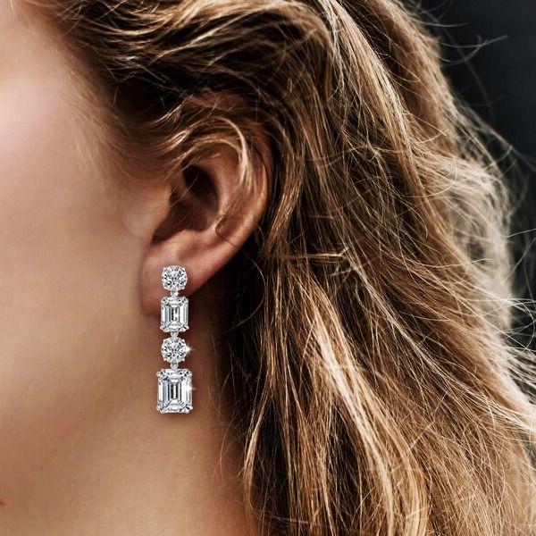 Emerald Drop Earrings in 925 Sterling Silver with Created White Sapphire Accents