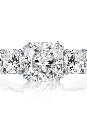 Three Stone Cushion Cut Double Prong Engagement Ring in Sterling Silver