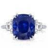 Cushion Cut Blue Sapphire Three Stone Engagement Ring - Sterling Silver