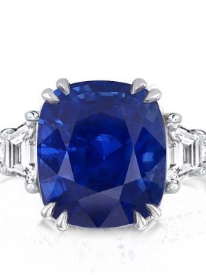 Cushion Cut Blue Sapphire Three Stone Engagement Ring - Sterling Silver
