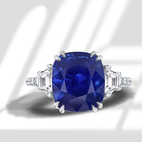 Cushion Cut Blue Sapphire Three Stone Engagement Ring - Sterling Silver