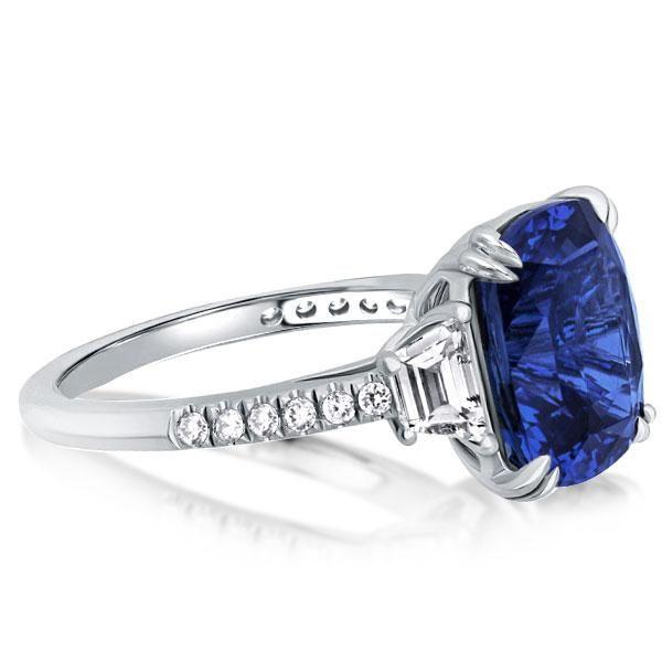 Cushion Cut Blue Sapphire Three Stone Engagement Ring - Sterling Silver