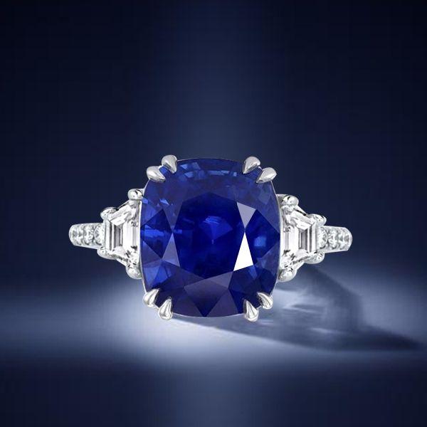 Cushion Cut Blue Sapphire Three Stone Engagement Ring - Sterling Silver
