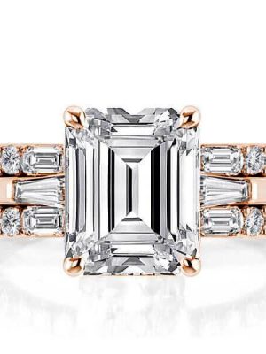 Emerald Three Stone Wedding Set - 18K Rose Gold Plated Sterling Silver Bridal Ring Set