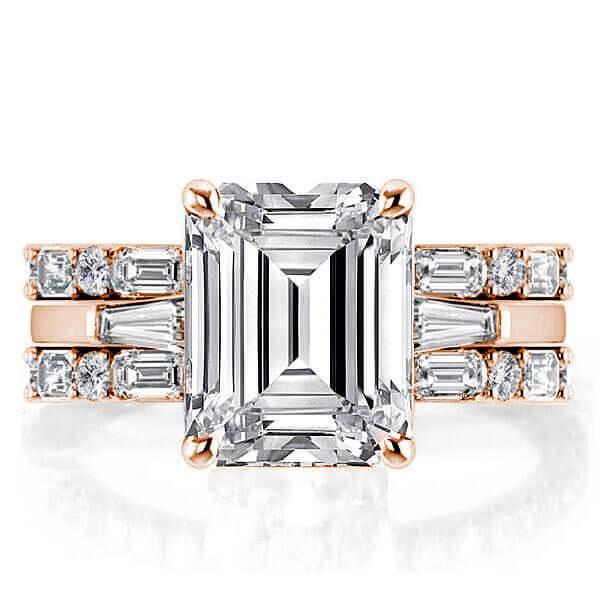 Emerald Three Stone Wedding Set - 18K Rose Gold Plated Sterling Silver Bridal Ring Set