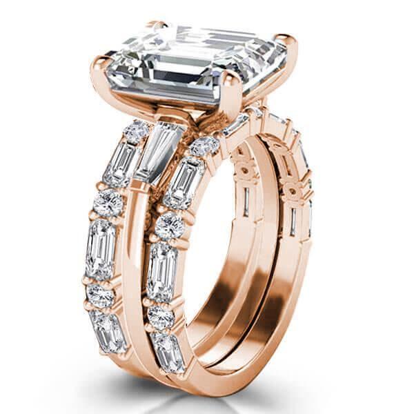 Emerald Three Stone Wedding Set - 18K Rose Gold Plated Sterling Silver Bridal Ring Set