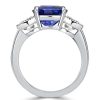 Three Stone Cushion Cut Blue Sapphire Engagement Ring in Sterling Silver