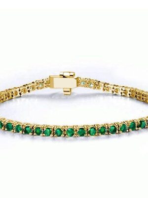 18K Gold Plated Emerald Tennis Bracelet with Round Cut Stones for Women, 5.80 CTW