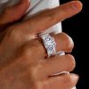 Two Tone Three Stone Radiant Cut Engagement Ring in Sterling Silver