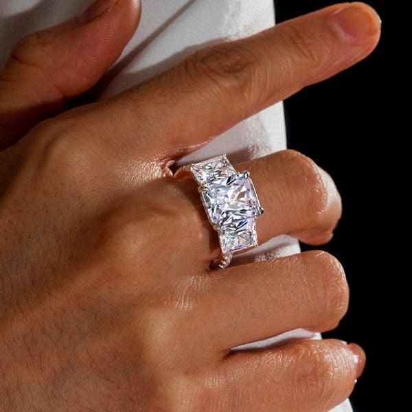 Two Tone Three Stone Radiant Cut Engagement Ring in Sterling Silver