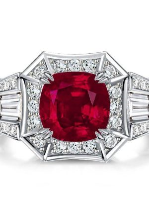 Halo Ruby Cushion Cut Engagement Ring in Sterling Silver