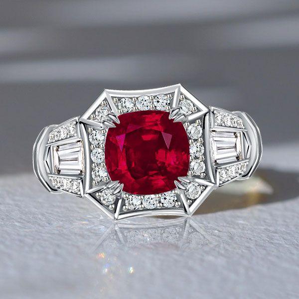 Halo Ruby Cushion Cut Engagement Ring in Sterling Silver