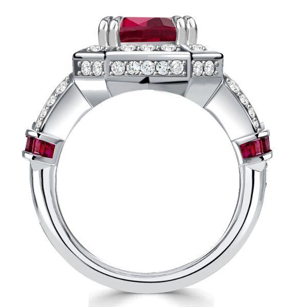 Halo Ruby Cushion Cut Engagement Ring in Sterling Silver