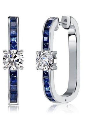 Sterling Silver Princess Cut Blue Hoop Earrings with 2.88 CT. TW. Stone