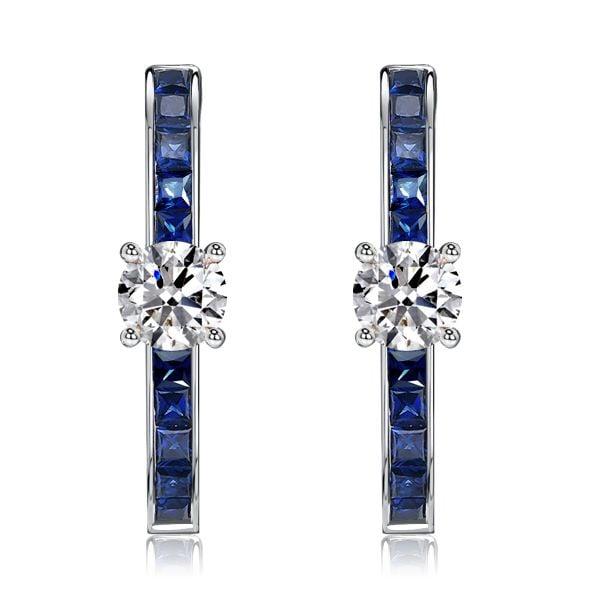 Sterling Silver Princess Cut Blue Hoop Earrings with 2.88 CT. TW. Stone