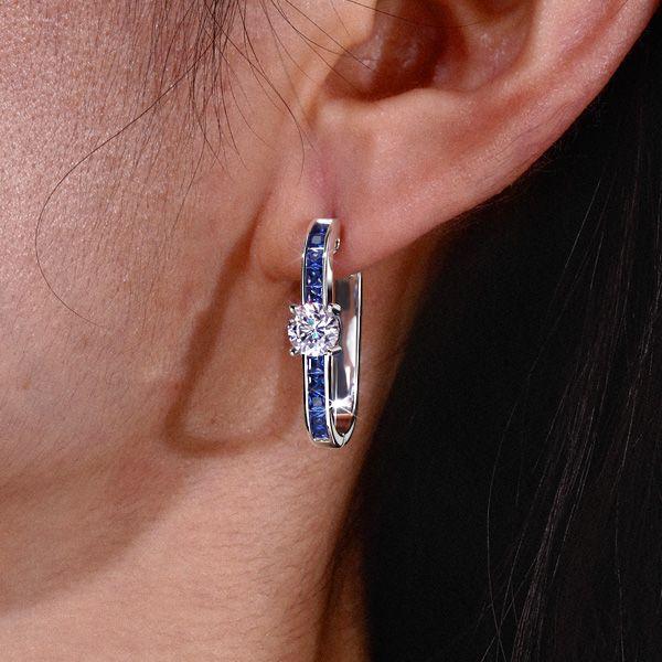 Sterling Silver Princess Cut Blue Hoop Earrings with 2.88 CT. TW. Stone